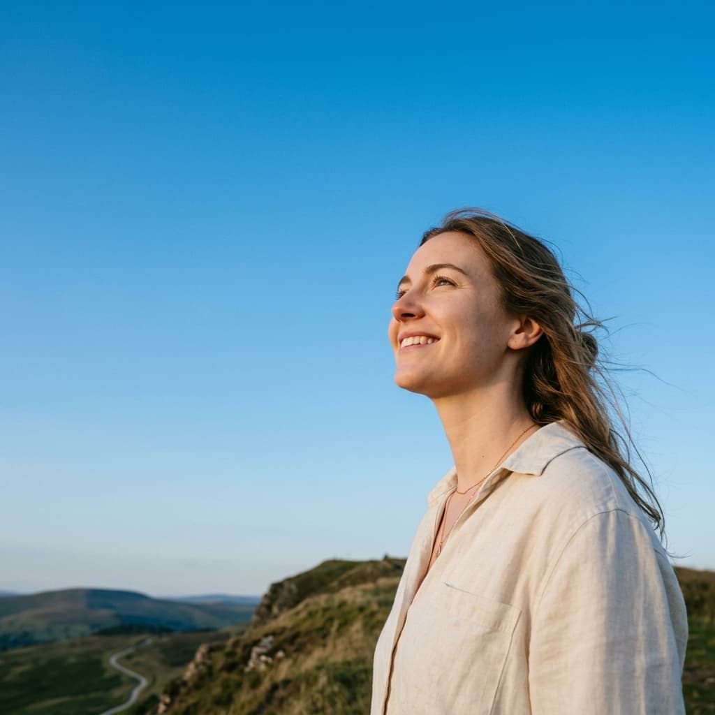 A person looking hopeful against a clear blue sky